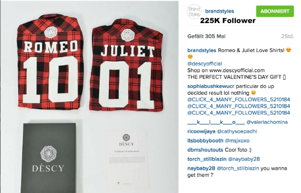 Der Account "Brandstyles" mit 225K Followern macht ein Shoutout für einen kleinen Account, der diese Shirts für Valentinstag verkaufen will Der Account "Brandstyles" mit 225K Followern macht ein Shoutout für einen kleinen Account, der diese Shirts für Valentinstag verkaufen will