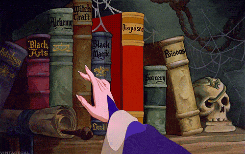 gif of maleficent's bookshelf from the disney movie "sleeping beauty," with titles such as "black magic" and "poisons" gif of maleficent's bookshelf from the disney movie "sleeping beauty," with titles such as "black magic" and "poisons"