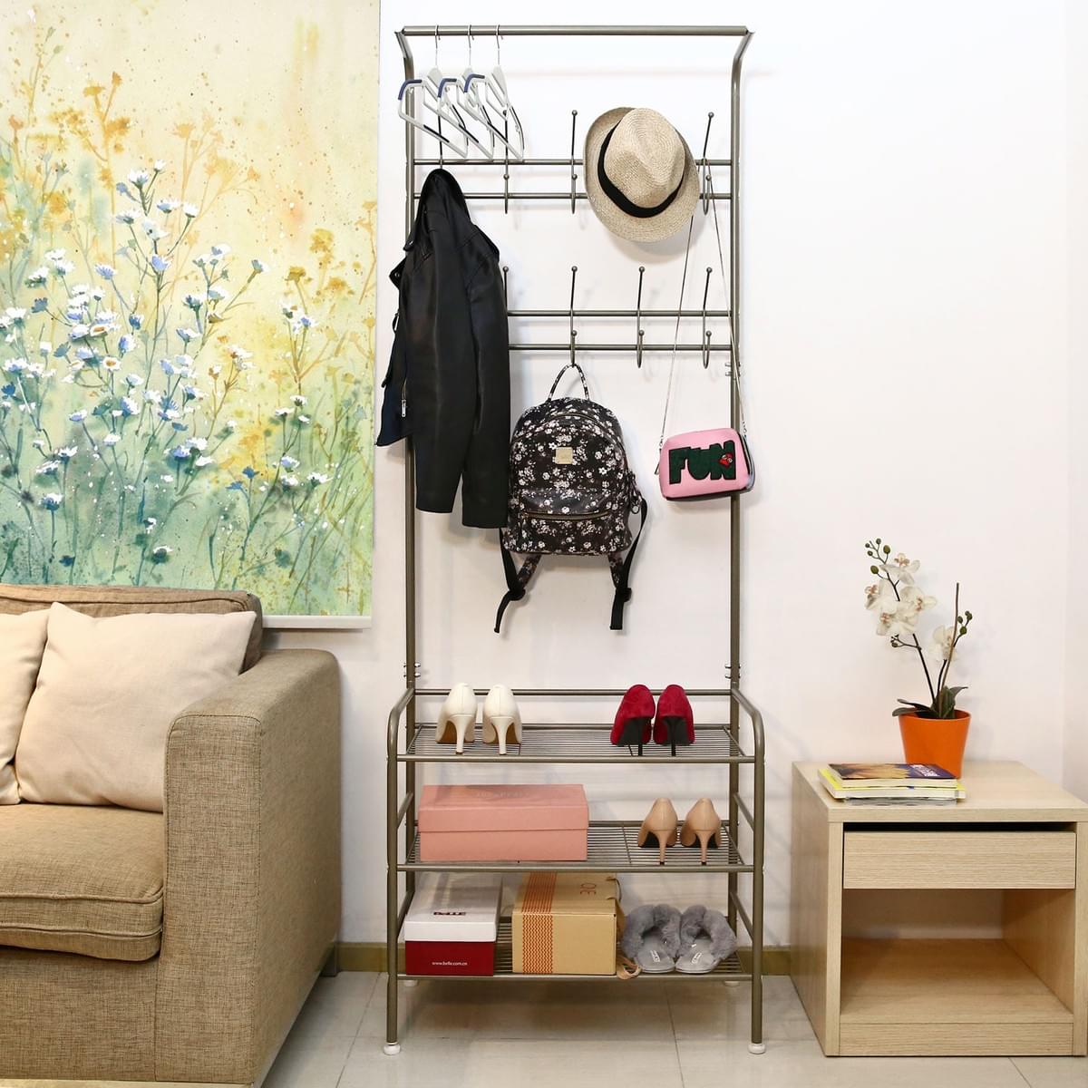 HOMFA Metal Entryway Coat Shoe Rack 3tier Shoe Bench with