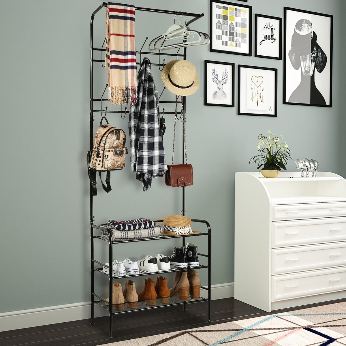 HOMFA Metal Entryway Coat Shoe Rack 3tier Shoe Bench with Coat Hat