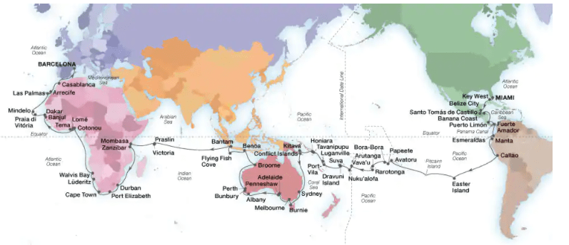 Seabourn 2023 World Cruise itinerary map Seabourn 2023 World Cruise itinerary map