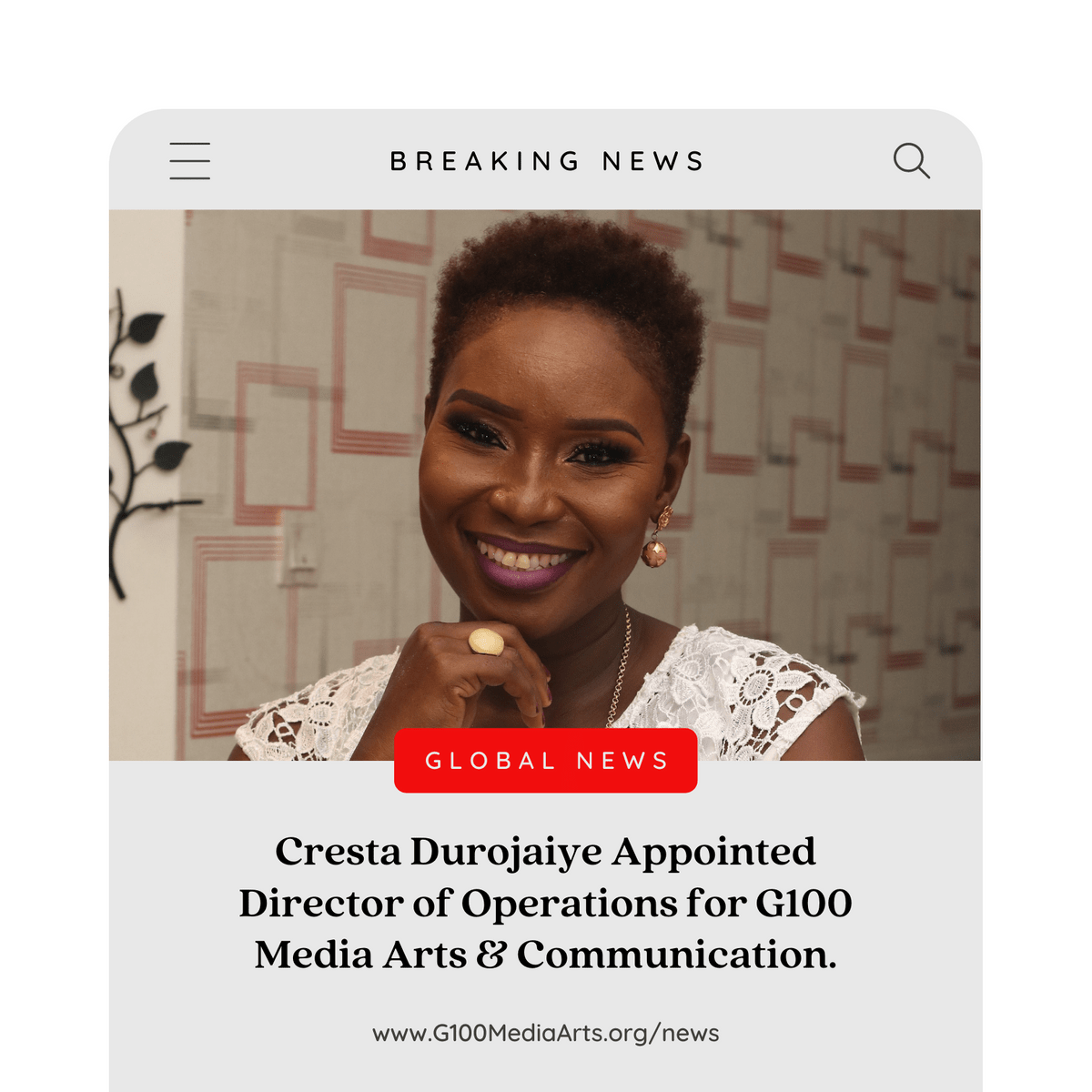 Cresta Durojaiye Appointed Director of Operations at G100 Media Arts & Communication Cresta Durojaiye Appointed Director of Operations at G100 Media Arts & Communication