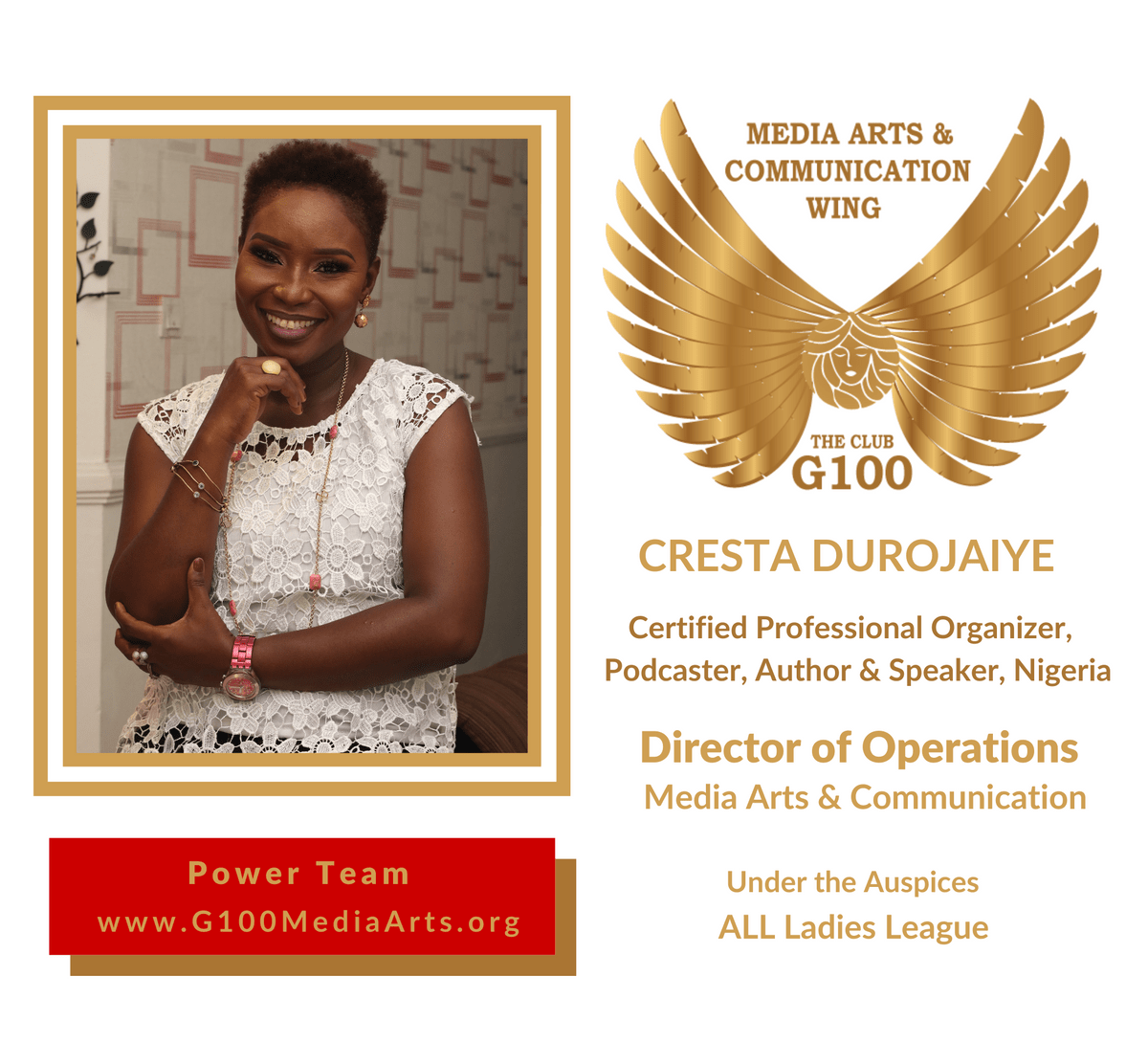 Cresta Durojaiye is Director of Operations at G100 Media Arts & Communication Cresta Durojaiye is Director of Operations at G100 Media Arts & Communication