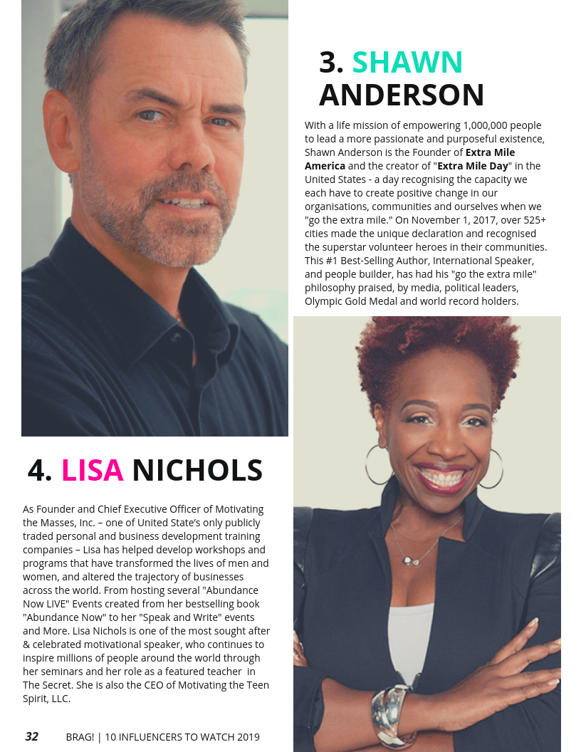 Shawn Anderson and Lisa Nichols featured on BRAG! Magazine 2019 Bold Issue Shawn Anderson and Lisa Nichols featured on BRAG! Magazine 2019 Bold Issue