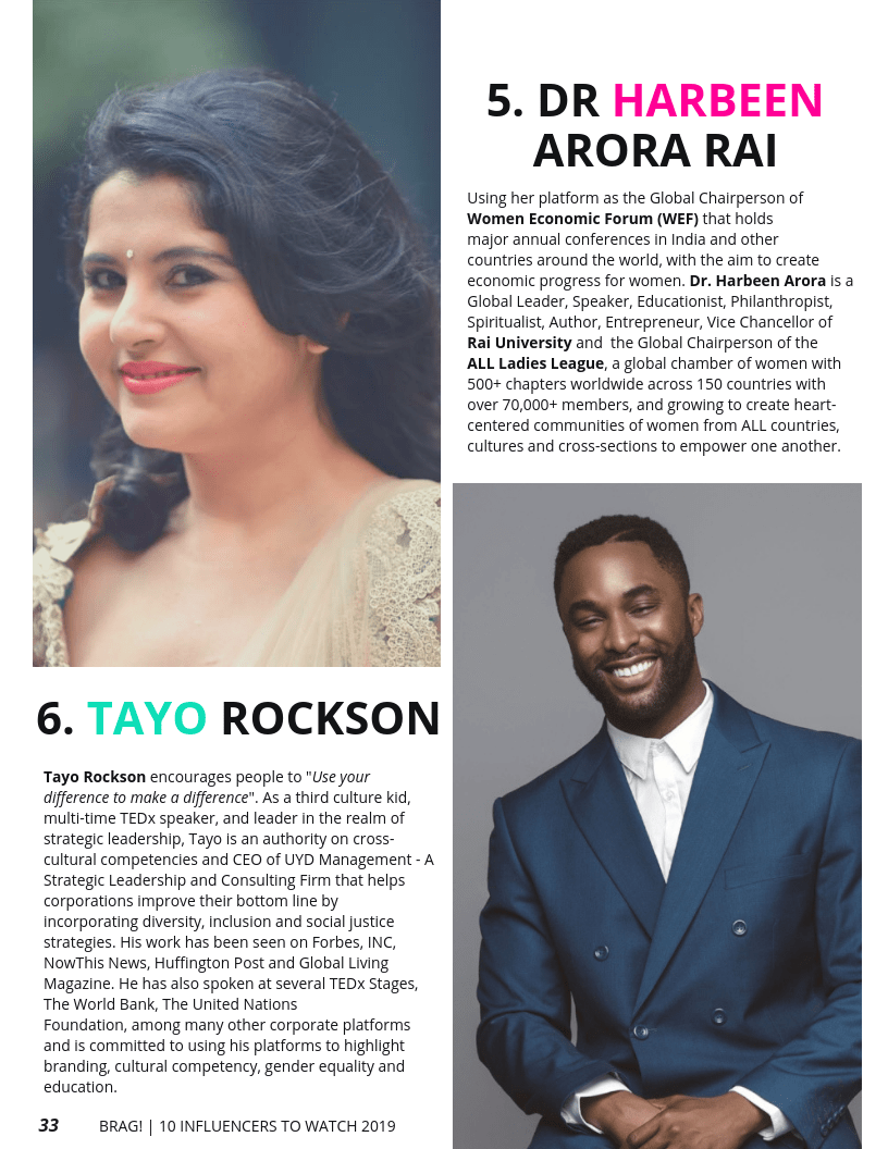 Dr Harbeen Arora and Tayo Rockson featured on BRAG! Magazine 2019 Bold Issue Dr Harbeen Arora and Tayo Rockson featured on BRAG! Magazine 2019 Bold Issue