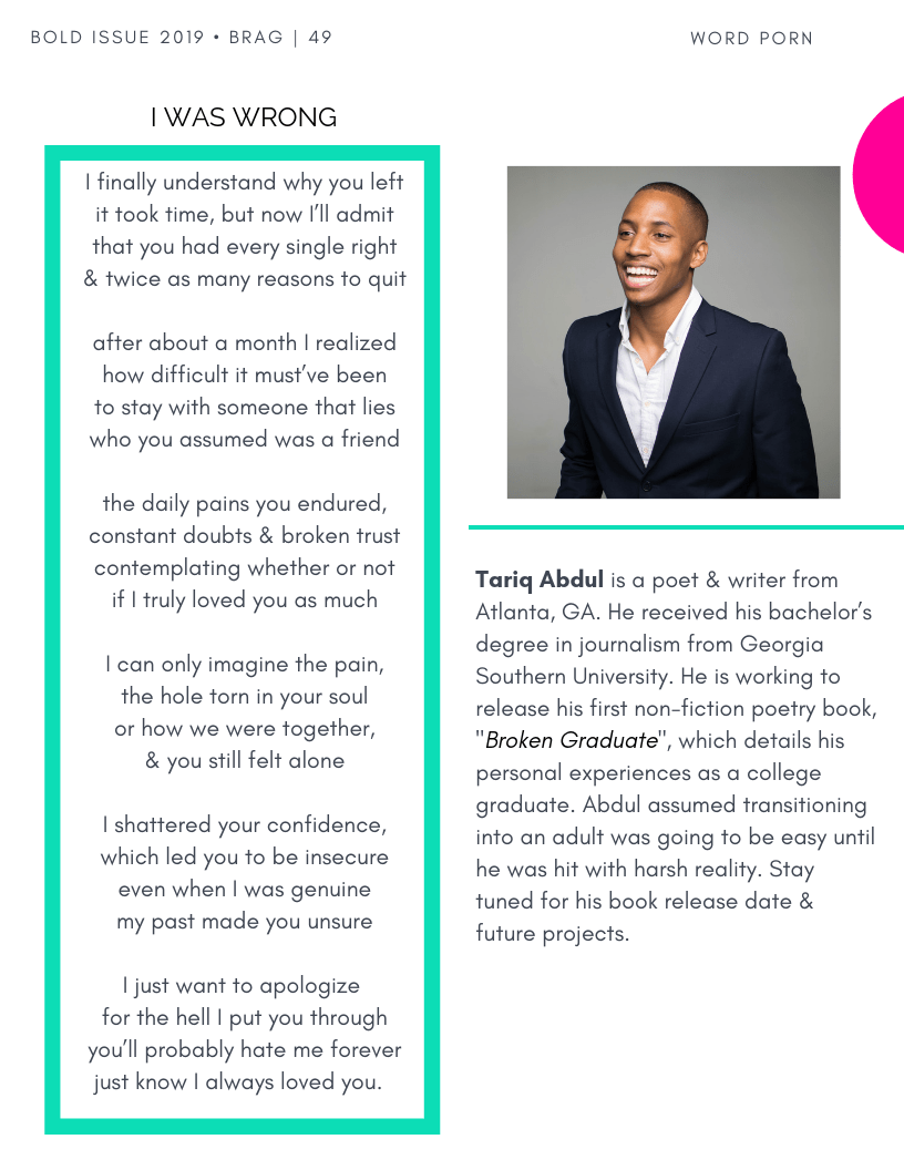 Inside Article Cover from Contributor, Tariq Abdul in the latest 2019 Bold Winter Issue of BRAG! Inside Article Cover from Contributor, Tariq Abdul in the latest 2019 Bold Winter Issue of BRAG!