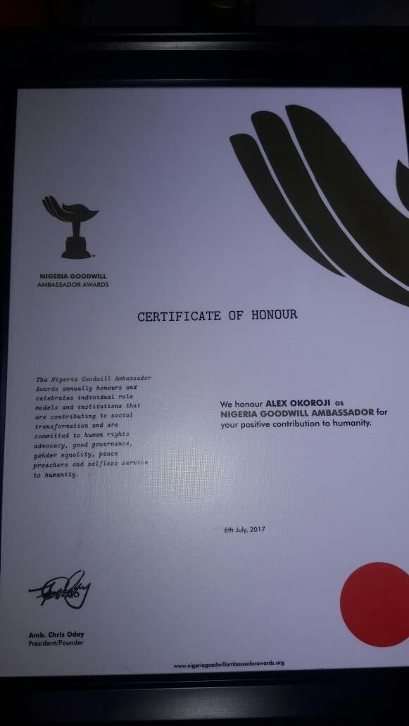 Nigeria Goodwill Ambassador Certificate of Honor for Alex Okoroji Nigeria Goodwill Ambassador Certificate of Honor for Alex Okoroji