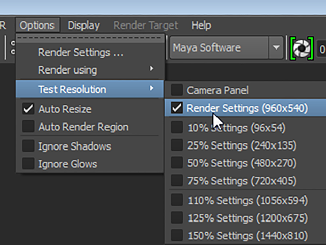 MAYA Options→Test Resolution→Render Settings MAYA Options→Test Resolution→Render Settings