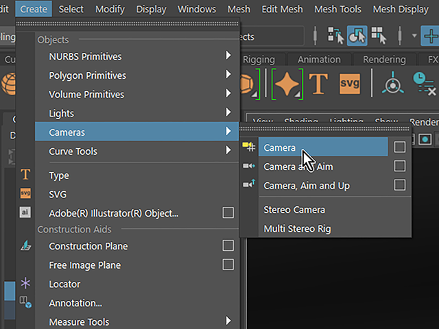 Maya2018 Create→Cameras→Camera Maya2018 Create→Cameras→Camera