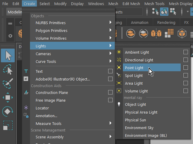 MAYA Create→Lights→Point Light MAYA Create→Lights→Point Light