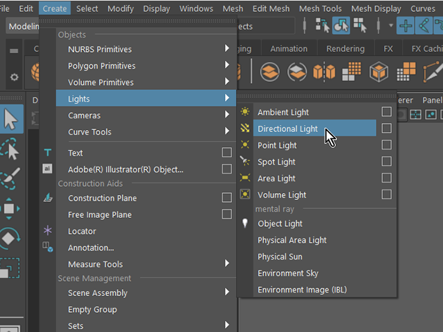 MAYA Create→Lights→Directional Light MAYA Create→Lights→Directional Light