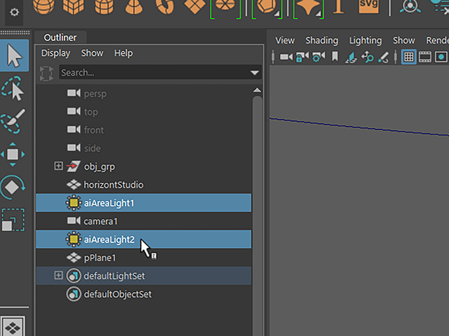 Maya2018 Outliner Select aiAreaLight1 Maya2018 Outliner Select aiAreaLight1