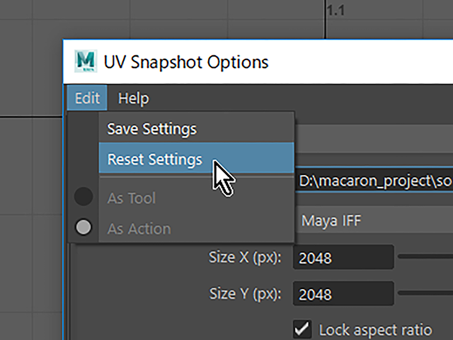 Maya2018 UV Snapshot Reset Settings Maya2018 UV Snapshot Reset Settings