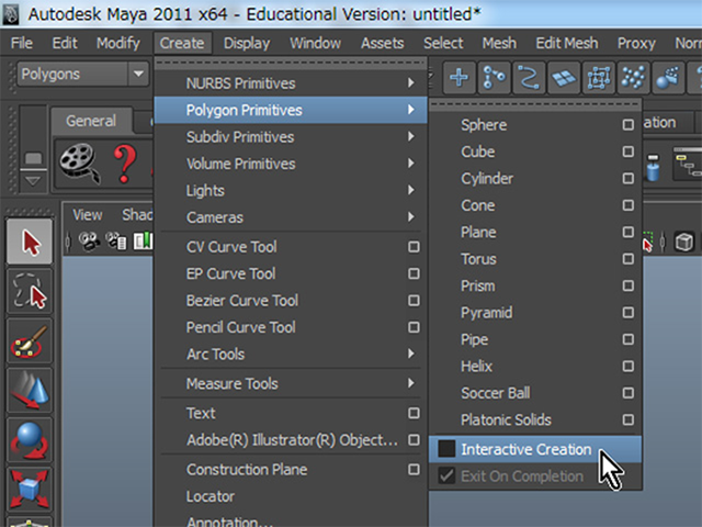 Create→Polygon Primitives→Interactive Creationを確認してください。 Create→Polygon Primitives→Interactive Creationを確認してください。