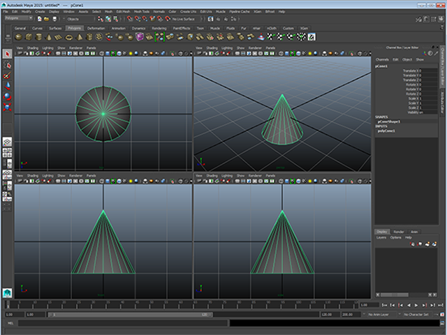 Create→Polygon Primitives→Coneを実行してください。 Create→Polygon Primitives→Coneを実行してください。