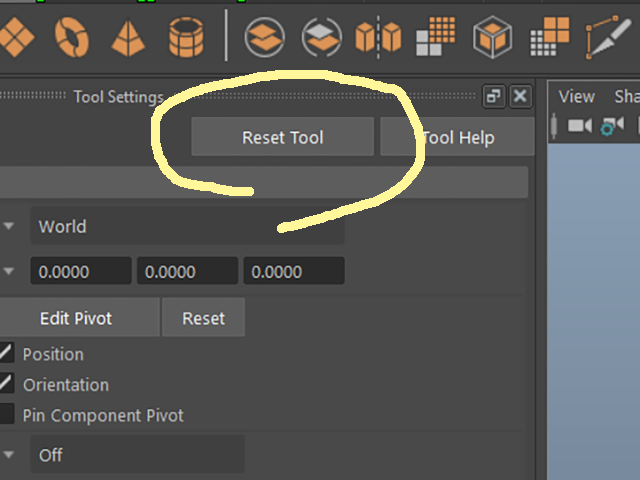 MAYA Tool Settingsウィンドウの上部にあるReset Toolボタン MAYA Tool Settingsウィンドウの上部にあるReset Toolボタン