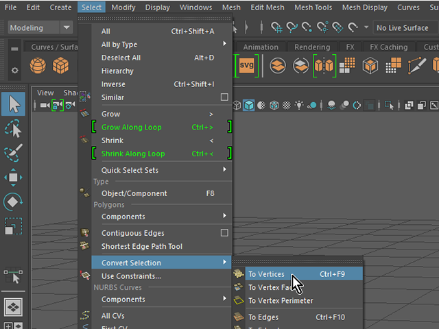 MAYA Select→Convert Selection→To Vertices MAYA Select→Convert Selection→To Vertices