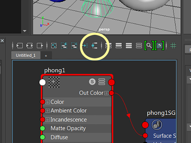 Hypershade Work Areaにある水色の丸のボタン Hypershade Work Areaにある水色の丸のボタン