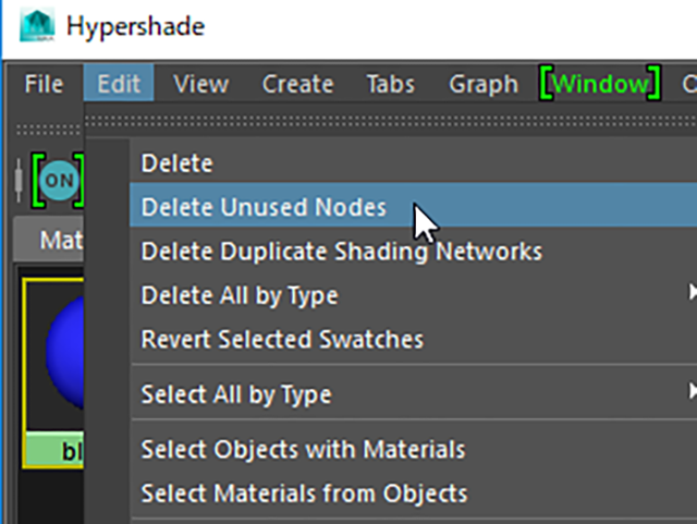 Hypershade Edit→Delete Unused Nodes Hypershade Edit→Delete Unused Nodes