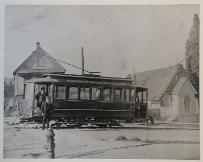 Streetcar on Starr Street passing St Peter's Church with ivy-covered bell tower, Tacoma, ca. 1900-1920 - image courtesy of Pierce Transit Streetcar on Starr Street passing St Peter's Church with ivy-covered bell tower, Tacoma, ca. 1900-1920 - image courtesy of Pierce Transit