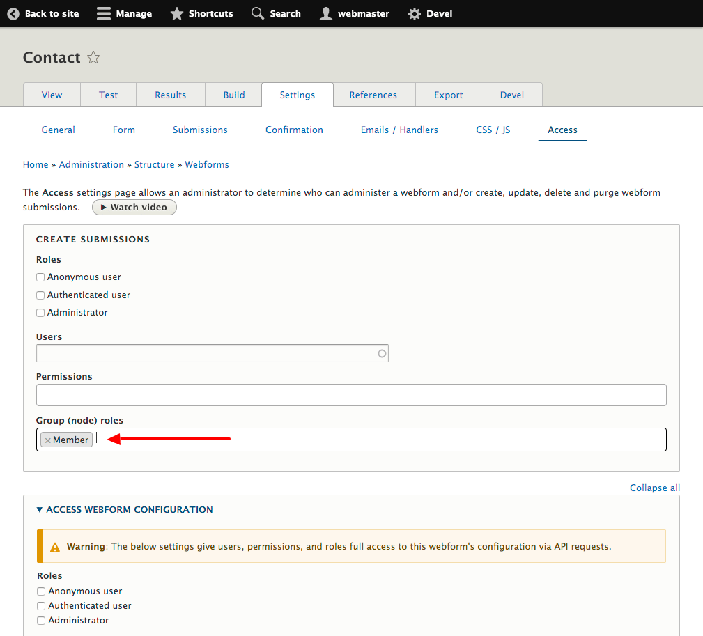 'Group (node) roles' on the webform access form 'Group (node) roles' on the webform access form