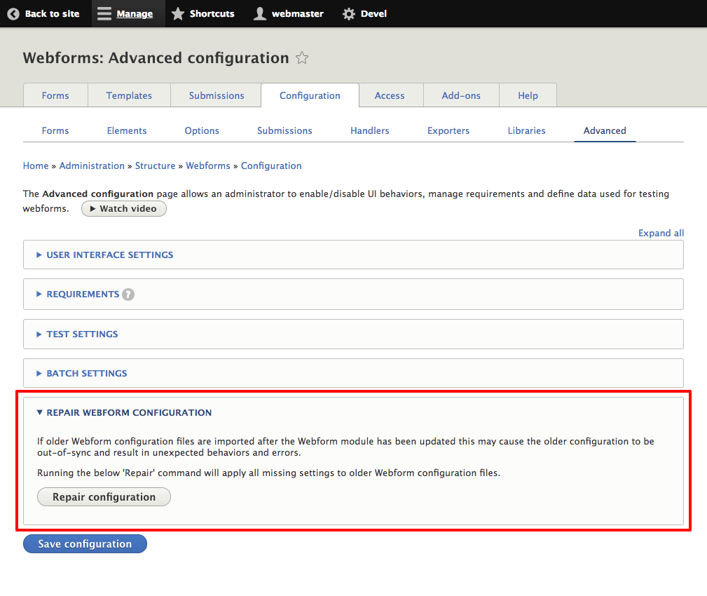 Repair Webform Configuration Repair Webform Configuration