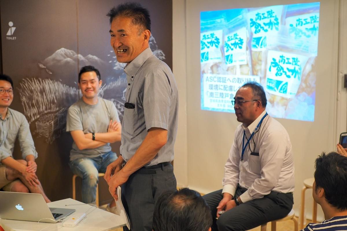 プレゼンする後藤カキ部会長 プレゼンする後藤カキ部会長