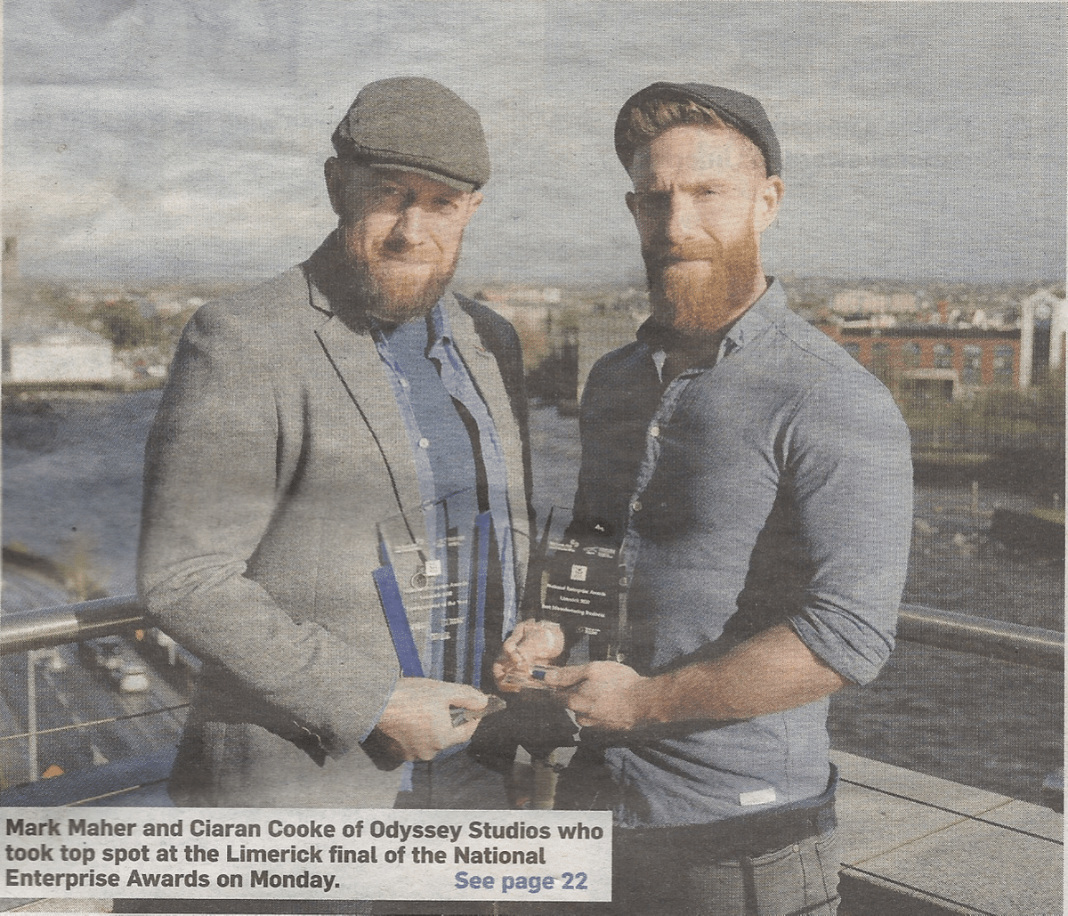 Photograph of National Enterprise Awards 2020 winners Mark Maher and Ciaran Cooke - Odyssey Studios model making, prothestics, props and more Photograph of National Enterprise Awards 2020 winners Mark Maher and Ciaran Cooke - Odyssey Studios model making, prothestics, props and more