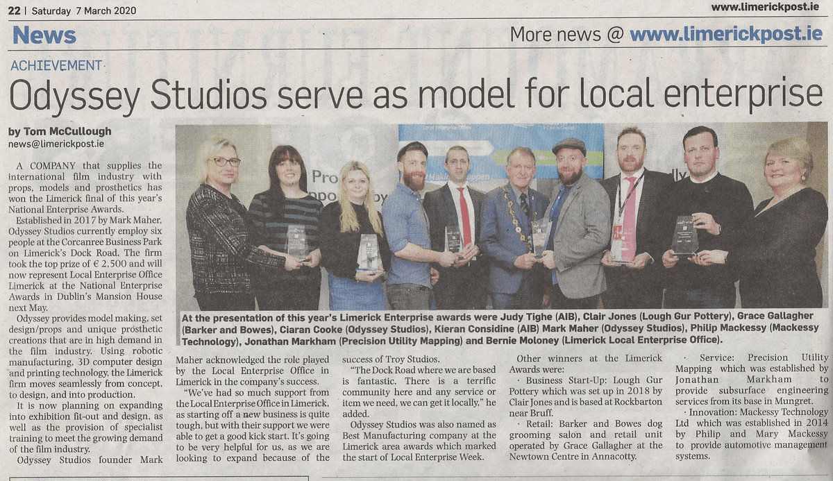 Odyssey Studios at Limerick Enterprise Awards 2020 - Odyssey Studios model making, prothestics, props and more Odyssey Studios at Limerick Enterprise Awards 2020 - Odyssey Studios model making, prothestics, props and more