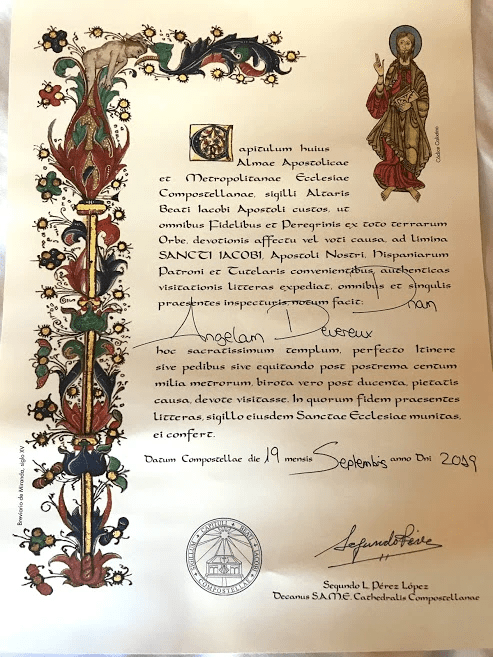 My Compostela (must have done at least 100km of Camino to receive this.) My name is written in Latin My Compostela (must have done at least 100km of Camino to receive this.) My name is written in Latin