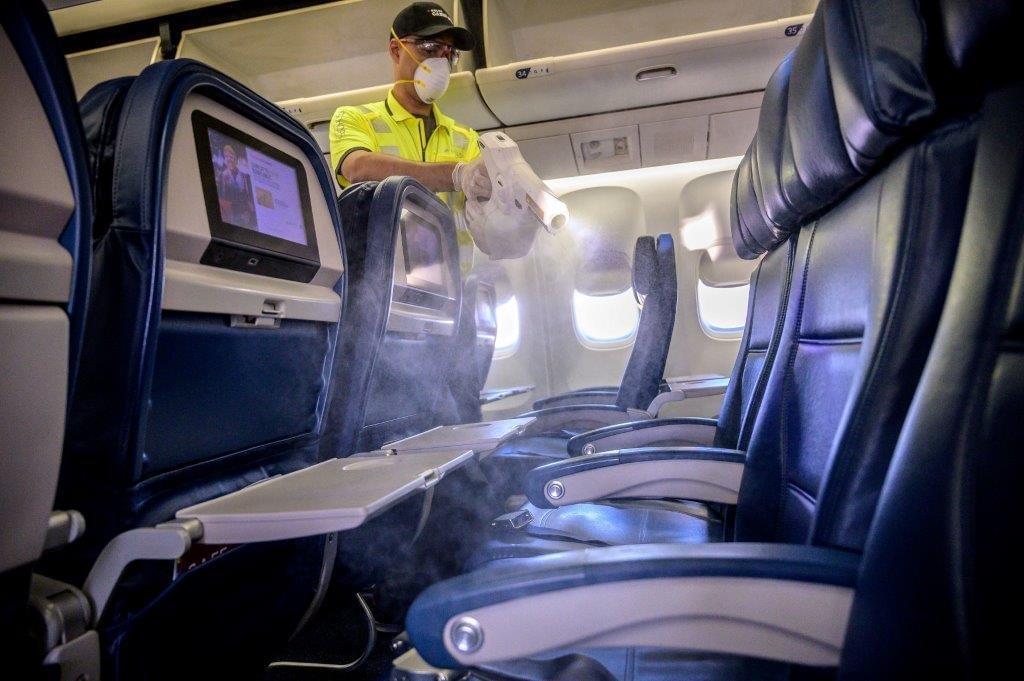 Airlines are using electrostatic cleaners and sprays to quickly disinfect their aircraft cabins. Airlines are using electrostatic cleaners and sprays to quickly disinfect their aircraft cabins.