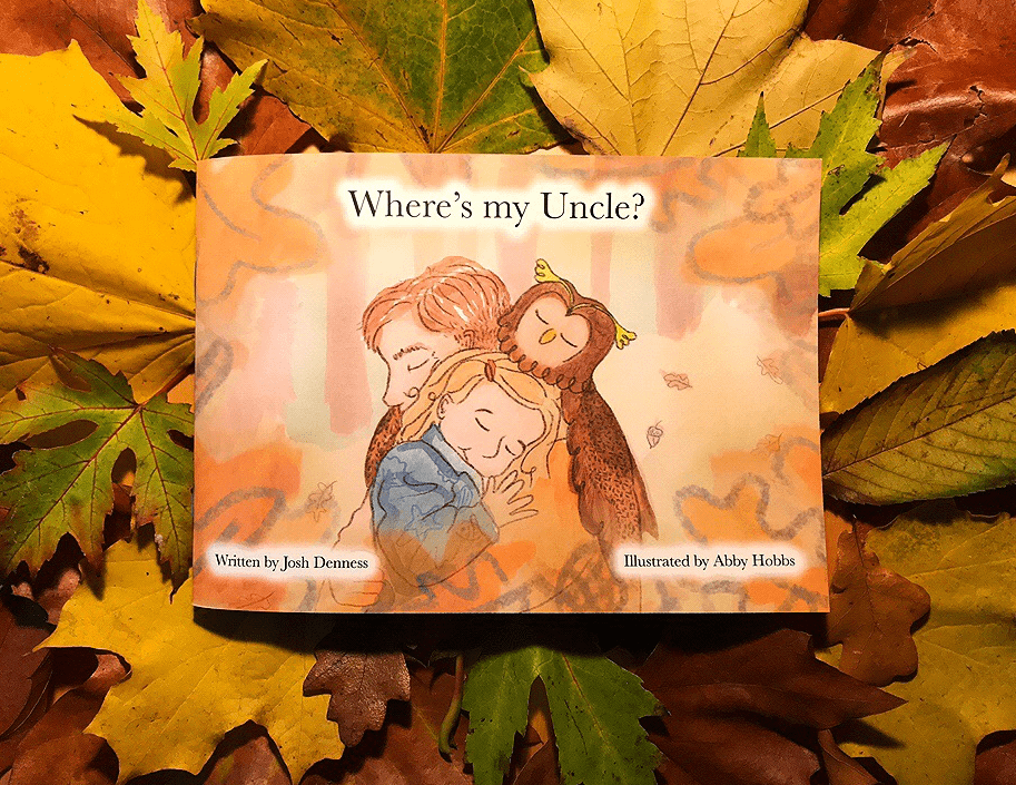 Illustration of front cover of 'Where's my uncle' book, showing man, girl and owl hugging Illustration of front cover of 'Where's my uncle' book, showing man, girl and owl hugging