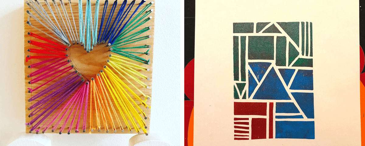 Photo of string art heart surrounded by rainbow thread, a multi-coloured geometric lino print Photo of string art heart surrounded by rainbow thread, a multi-coloured geometric lino print