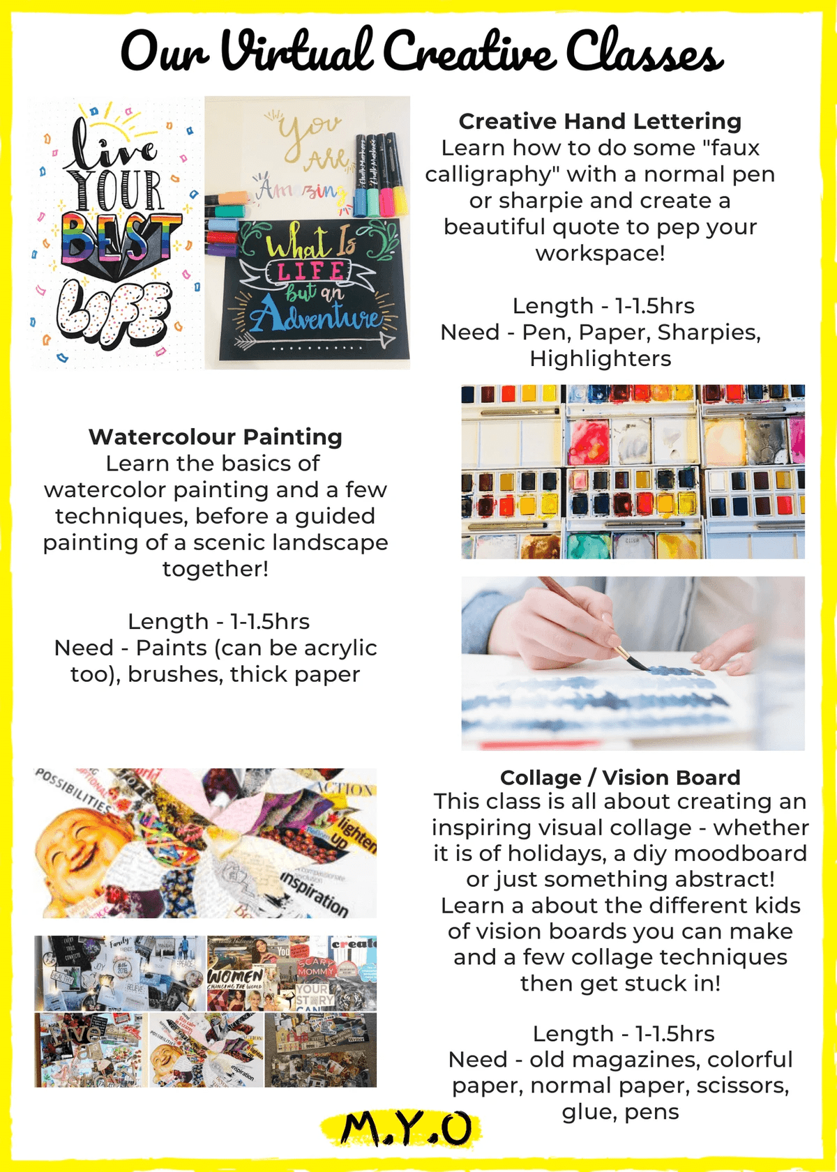 Online creative workshops with M.Y.O page 2 of flyer Online creative workshops with M.Y.O page 2 of flyer