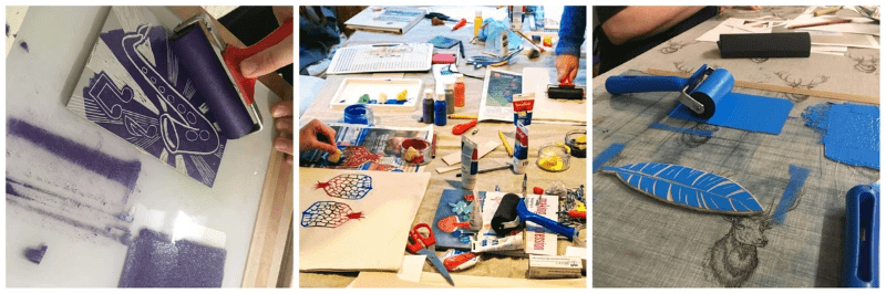 Applying ink during the lino printing class Applying ink during the lino printing class