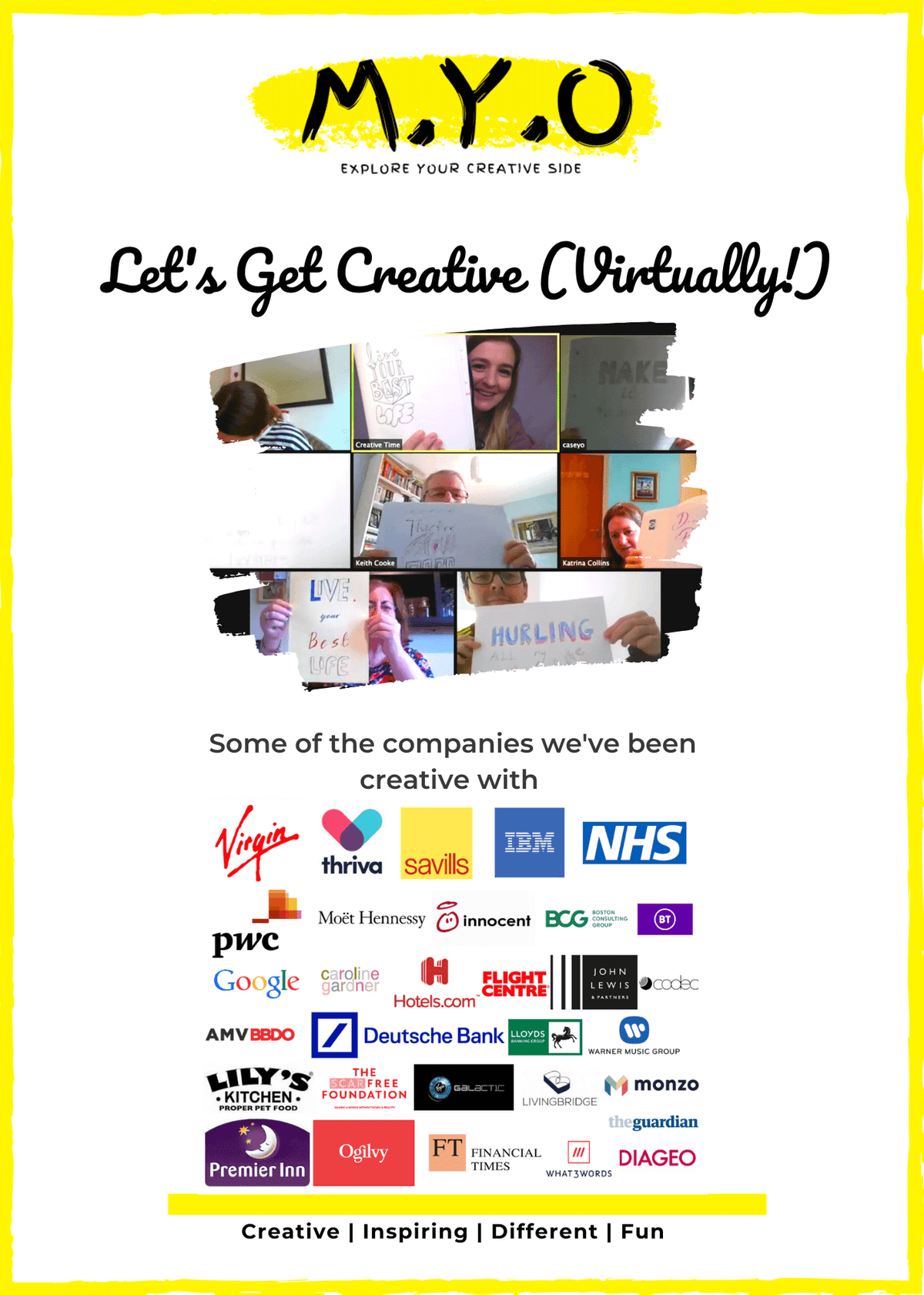 Online creative workshops with M.Y.O page 1 of flyer Online creative workshops with M.Y.O page 1 of flyer