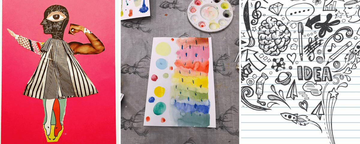 Picture of a collage woman, an abstract painting and a notepad doodle Picture of a collage woman, an abstract painting and a notepad doodle