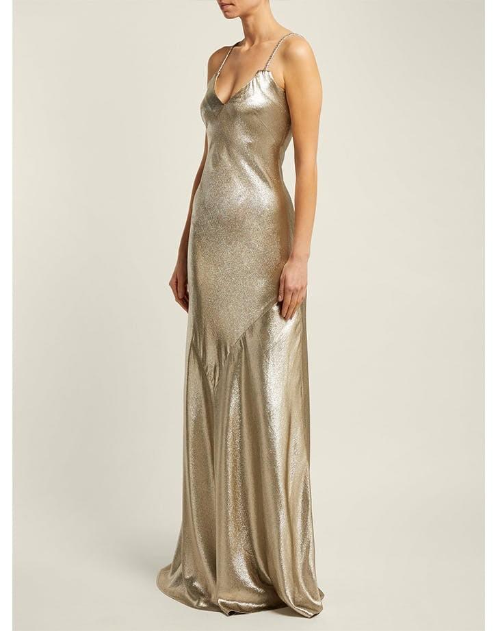 REBECCA DE RAVENEL LAMÉ BRAIDED-STRAP FLOOR-LENGTH GOWN REBECCA DE RAVENEL LAMÉ BRAIDED-STRAP FLOOR-LENGTH GOWN