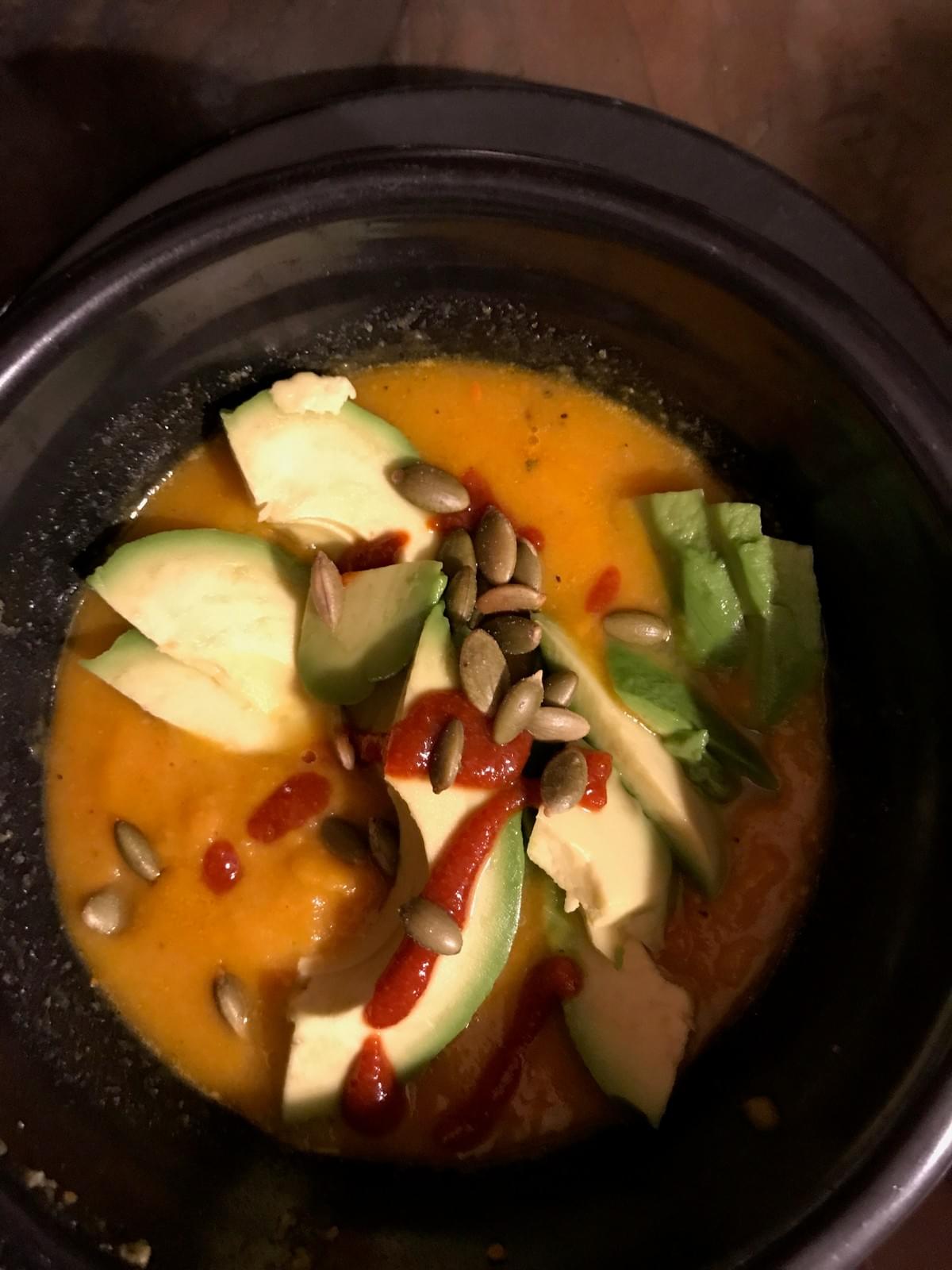 Pumpkin seeds, avocado and sriracha on top. Done! Pumpkin seeds, avocado and sriracha on top. Done!