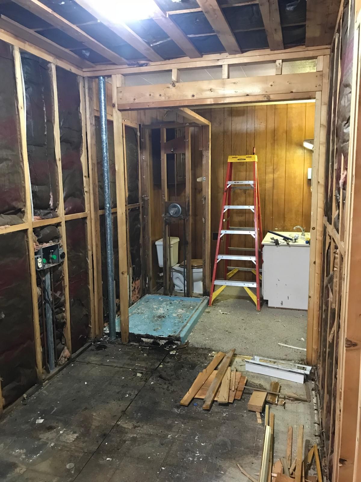 paneling, carpet, and terrible stud walls out. next job is to replace the rotted subfloor. the toilet still works though! :) paneling, carpet, and terrible stud walls out. next job is to replace the rotted subfloor. the toilet still works though! :)