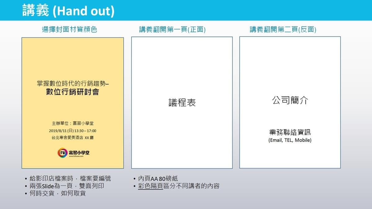 總結上方重點:講義印製包含封面、封面翻開的第一頁正反面內容、以及各個講者的投影片Slide。 總結上方重點:講義印製包含封面、封面翻開的第一頁正反面內容、以及各個講者的投影片Slide。
