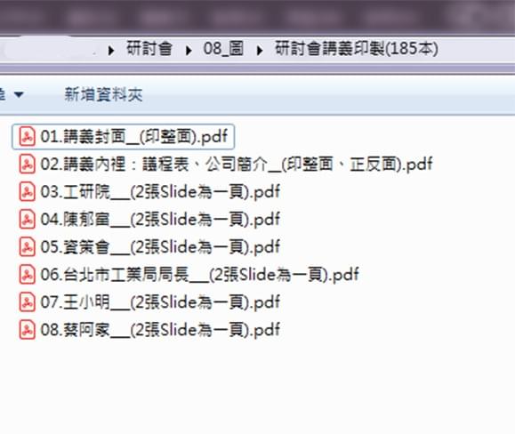 蒐集講義電子檔後,我會根據演講的先後順序編排檔案號碼,再提供給影印店檔案,這樣影印店就會按照你給的順序來印 蒐集講義電子檔後,我會根據演講的先後順序編排檔案號碼,再提供給影印店檔案,這樣影印店就會按照你給的順序來印