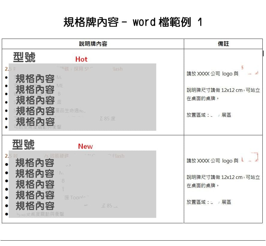 規格牌內容, 範例1 規格牌內容, 範例1