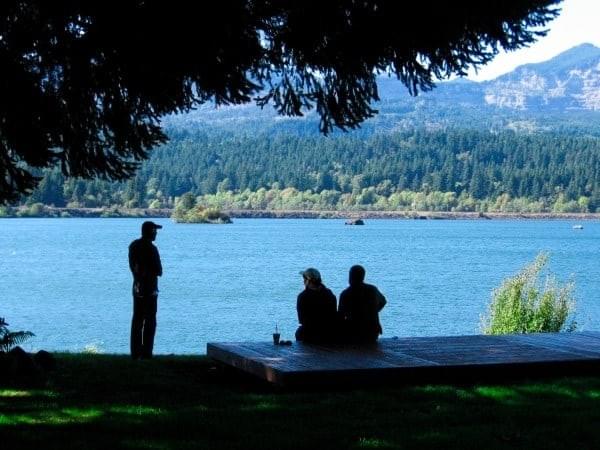 Onlookers watch smoke at Washington at Cascade Locks at Columbia River Gorge Oregon side 2007 Onlookers watch smoke at Washington at Cascade Locks at Columbia River Gorge Oregon side 2007