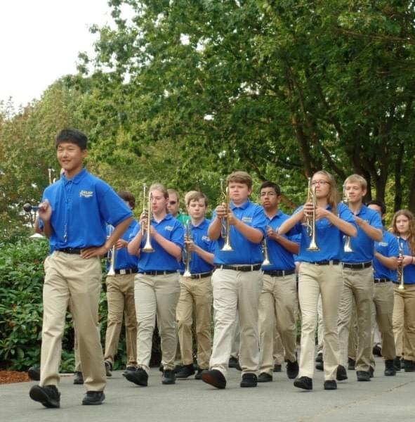 Hazen High School marching band at library grand opening, Renton, Wash. Hazen High School marching band at library grand opening, Renton, Wash.