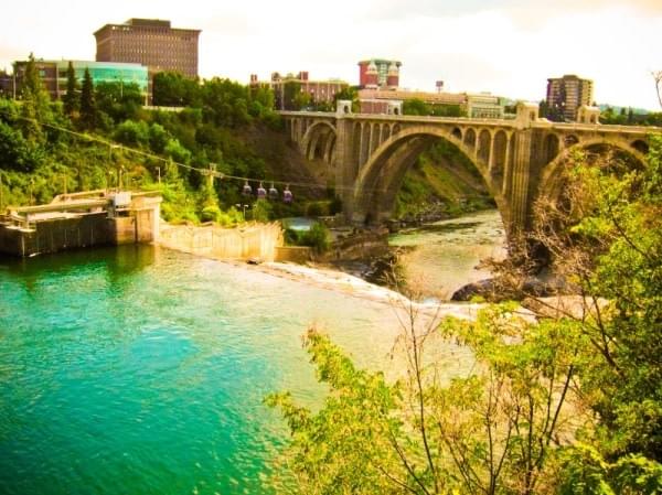 Bridge over Spokane River via Riverfront Park, Spokane, Wash. Bridge over Spokane River via Riverfront Park, Spokane, Wash.