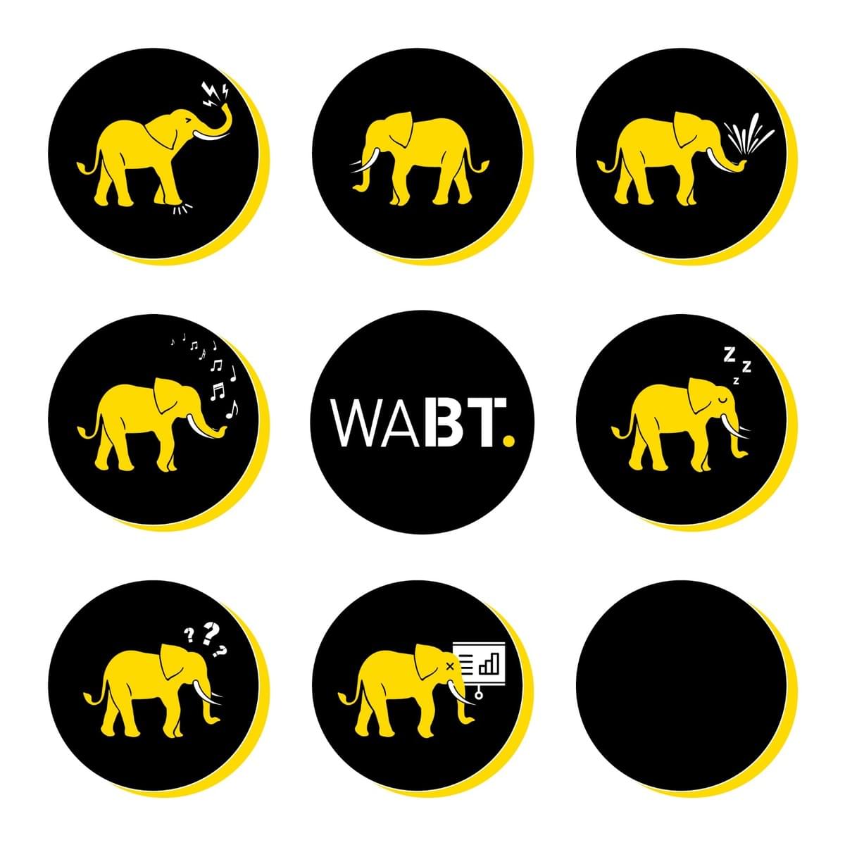 We Are Brass Tacks. Internal Communications Consultancy. 3x3 grid of black circles with yellow elephants inside. We Are Brass Tacks. Internal Communications Consultancy. 3x3 grid of black circles with yellow elephants inside.