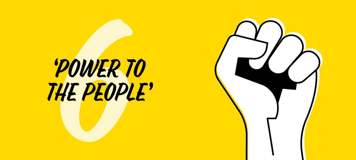 We Are Brass Tacks. internal communications. Employee engagement. HSE. HR. Workplace culture - White hand in fist shape on yellow background. We Are Brass Tacks. internal communications. Employee engagement. HSE. HR. Workplace culture - White hand in fist shape on yellow background.