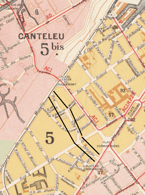 La rue de Canteleu en 1873 (ci-dessus) fait 1,5 kilométre, soit le double par rapport à 1930 qui montre sa longueur actuelle La rue de Canteleu en 1873 (ci-dessus) fait 1,5 kilométre, soit le double par rapport à 1930 qui montre sa longueur actuelle