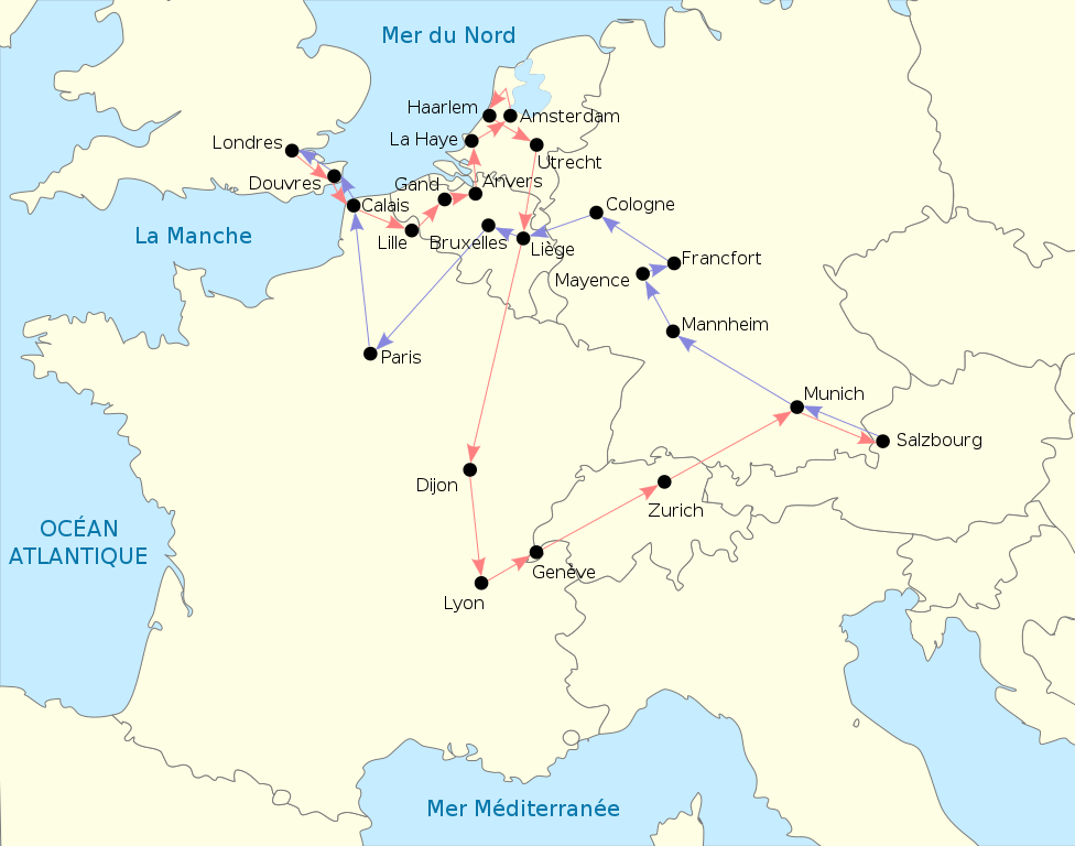 détail de la tournée de Mozart à travers l'europe qui le mena de Salzbourg à Paris à Londres à Lille à Amsterdam à Lyon à Zurich détail de la tournée de Mozart à travers l'europe qui le mena de Salzbourg à Paris à Londres à Lille à Amsterdam à Lyon à Zurich